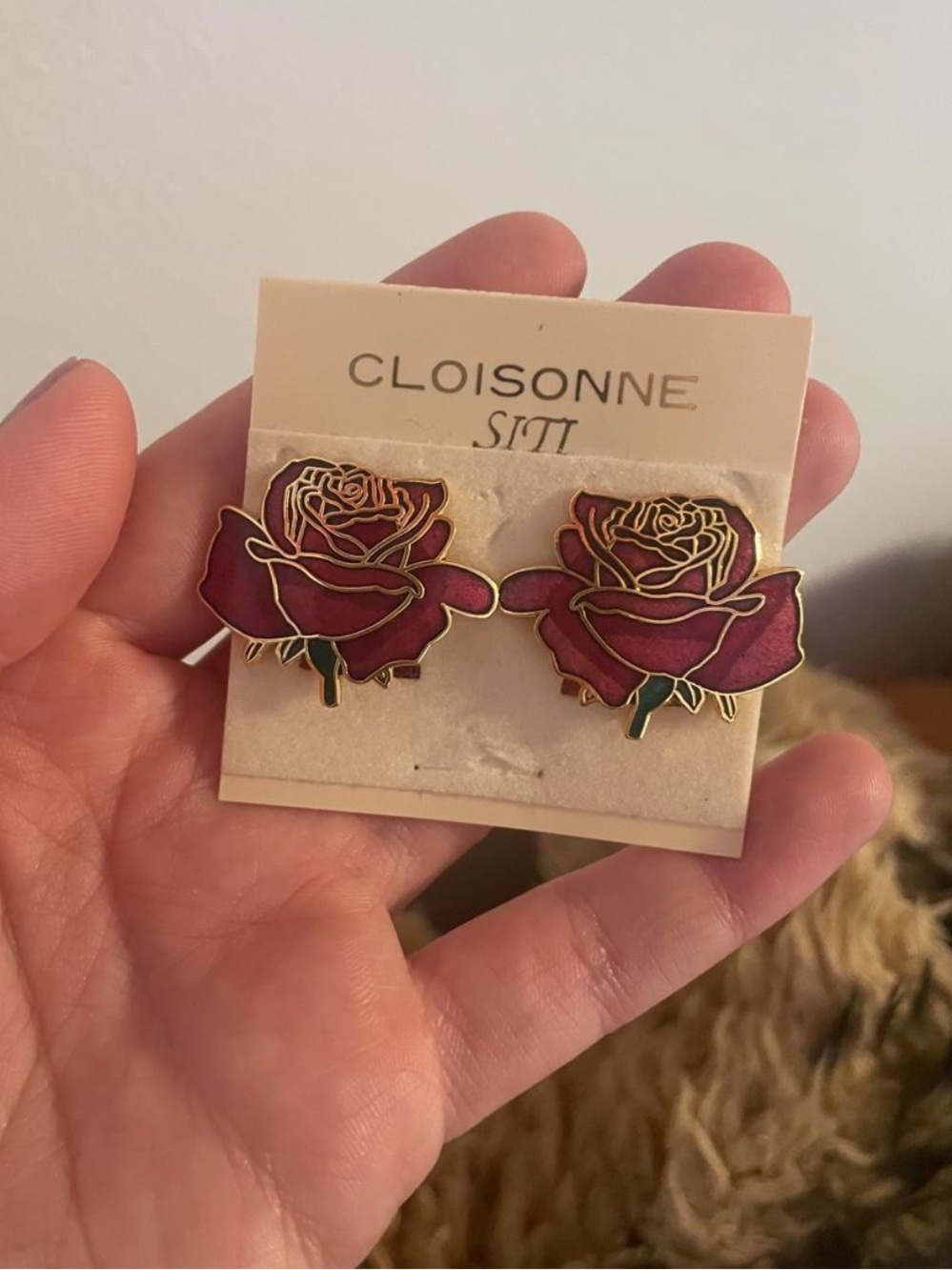Vintage Cloisonne Siti Red Rose Enamel and brass Earrings